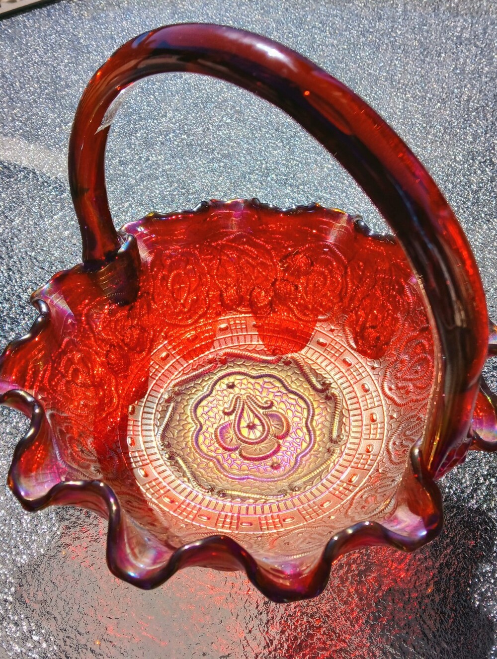 Vintage FENTON Red Carnival Glass Basket Persian Medallion